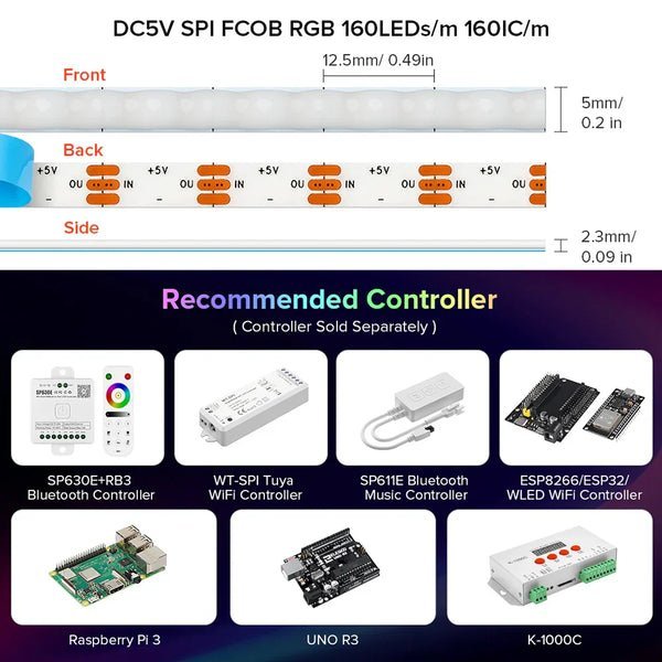 FCOB RGB IC LED Light Strip Similar WS2812B Individually Addressable 160LEDs Smart Pixels Magic DC5V